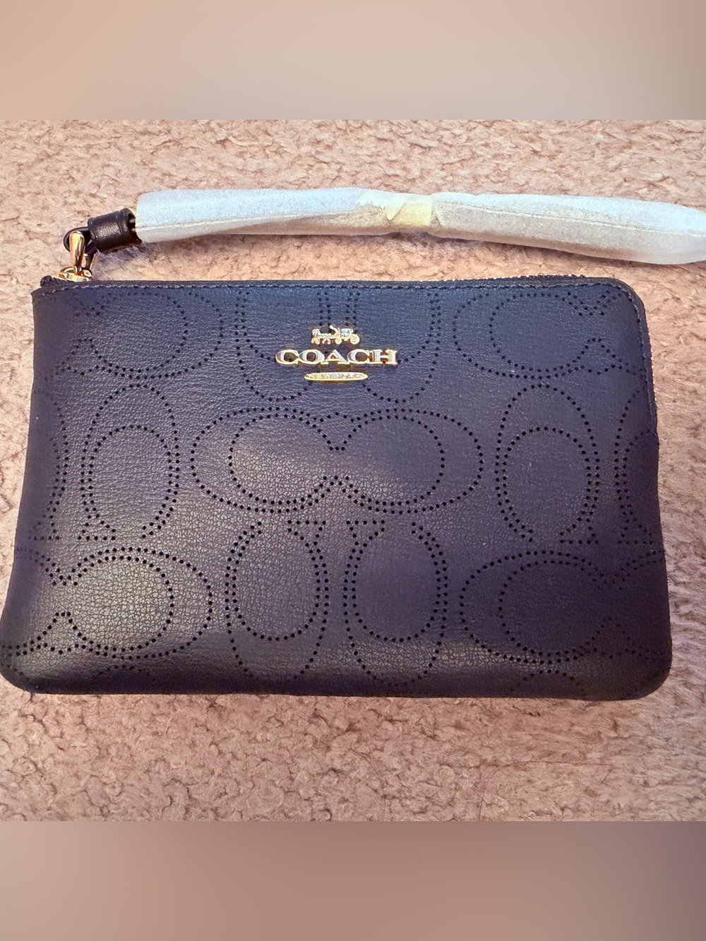 Coach Midnight Perforated Signature Leather Wristlet with Gold Logo